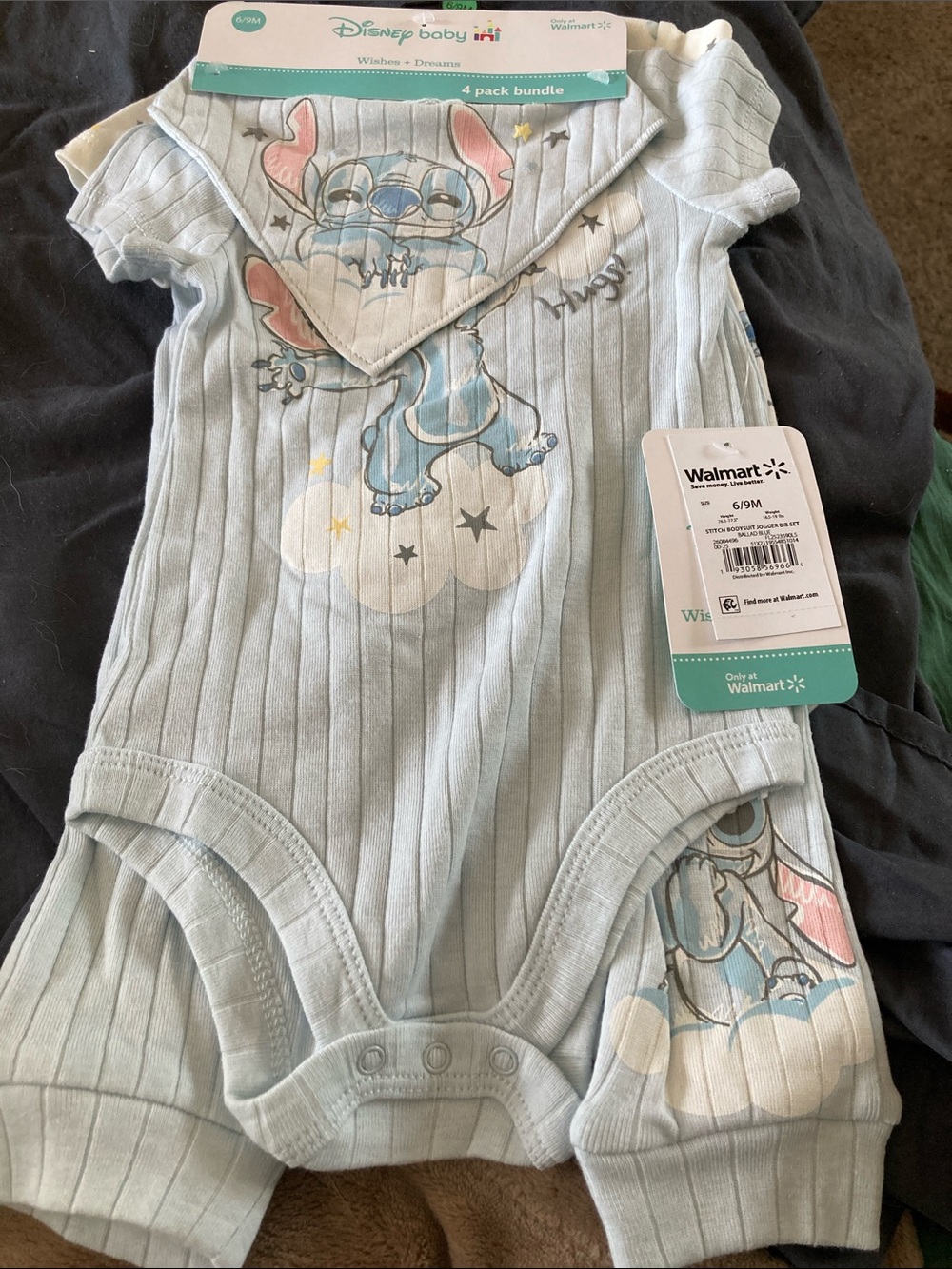 Disney Baby Stitch Ribbed Light Blue Bodysuit Set 6/9 month